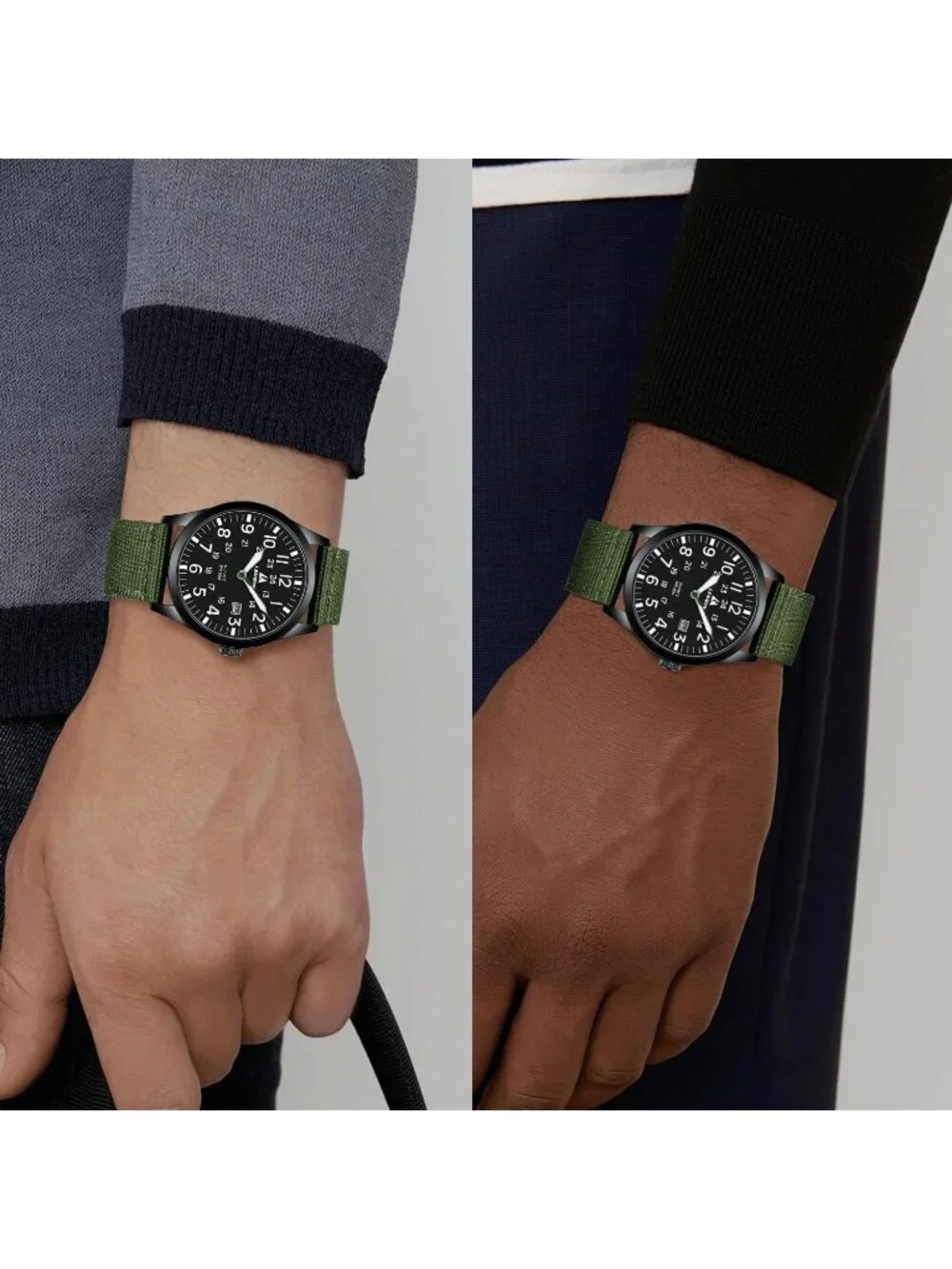 Men's Black Green Nylon Strap Stylish Luminous Unisex Military Tactical Watch